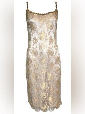 ESCADA 2000S GOLD LACE DRESS WITH EMBELLISHED STRAPS size 36